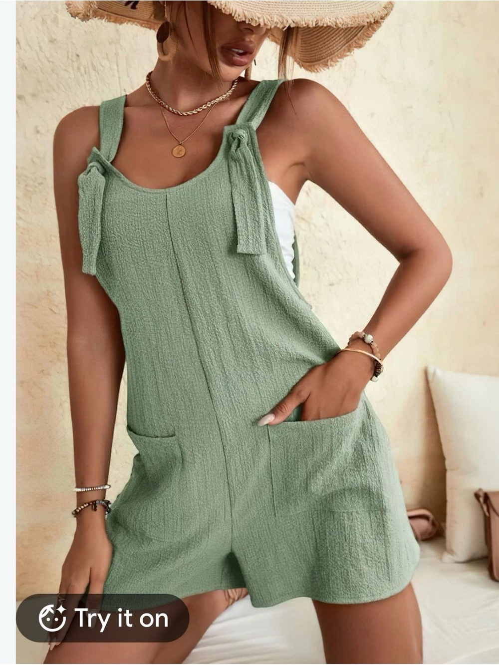 SHEIN Olive Green Tie-Shoulder Short Overalls